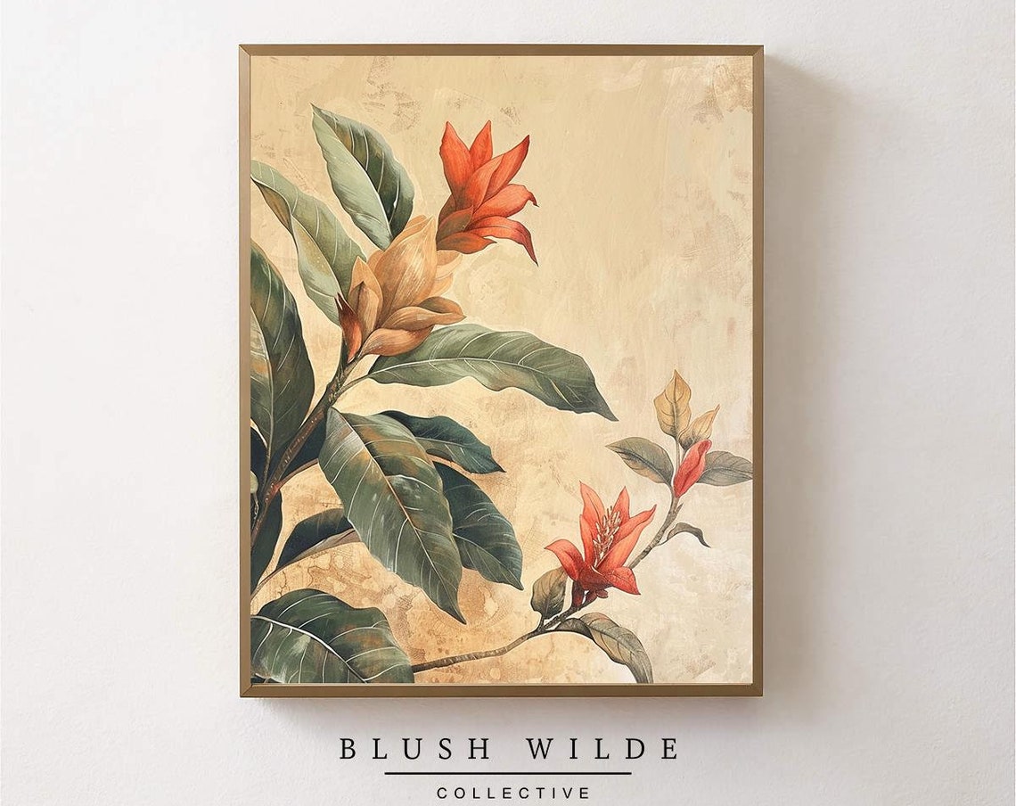 Vintage Botanical Magnolia Orange Bloom Flowers Parchment Poster