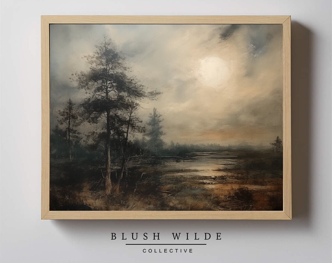 Moody Pine Forest Marsh Sunset Vintage Landscape Oil Painting Print