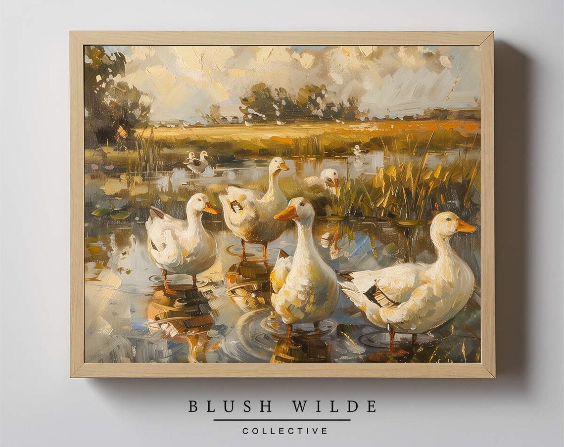 White Ducks Pond Impressionist Farmhouse Wildlife Oil Painting Poster