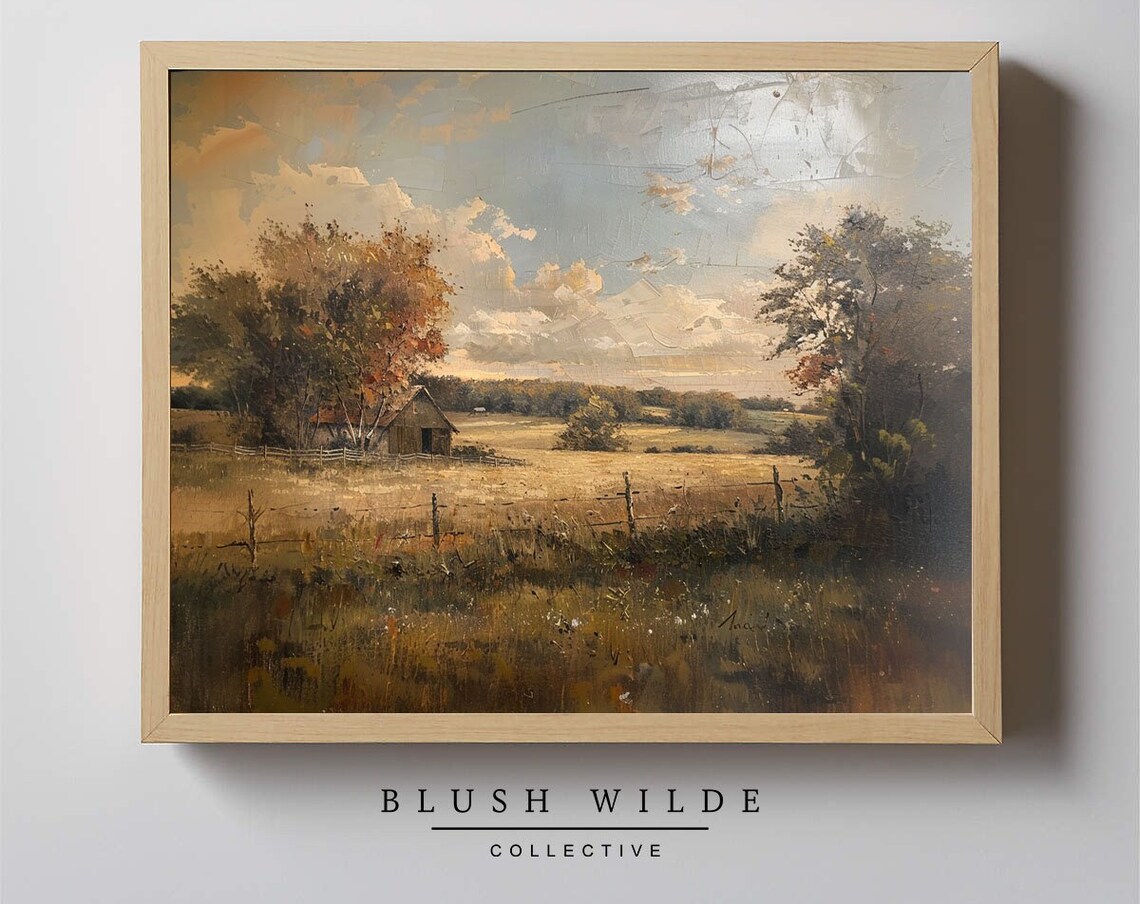 Vintage Barn Field Landscape Golden Wheat Rustic Farmhouse Oil Painting Poster