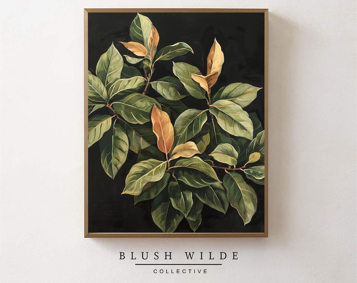 Green Laurel Leaves Botanical Oil Painting Dark Elegant Art Poster