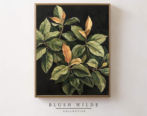 Green Laurel Leaves Botanical Oil Painting Dark Elegant Art Poster