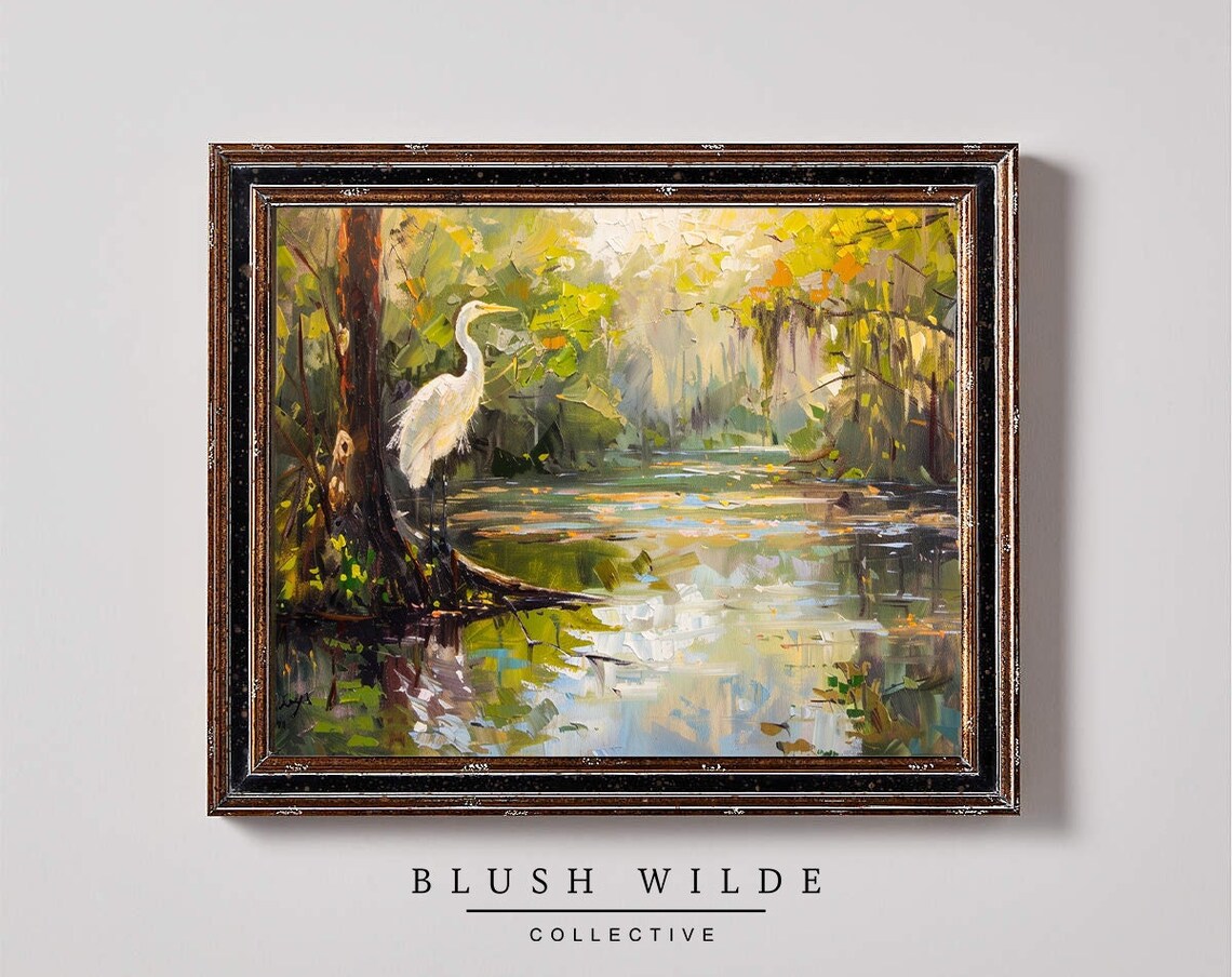 White Egret Marsh Impressionist Wetland Wildlife Painting Poster