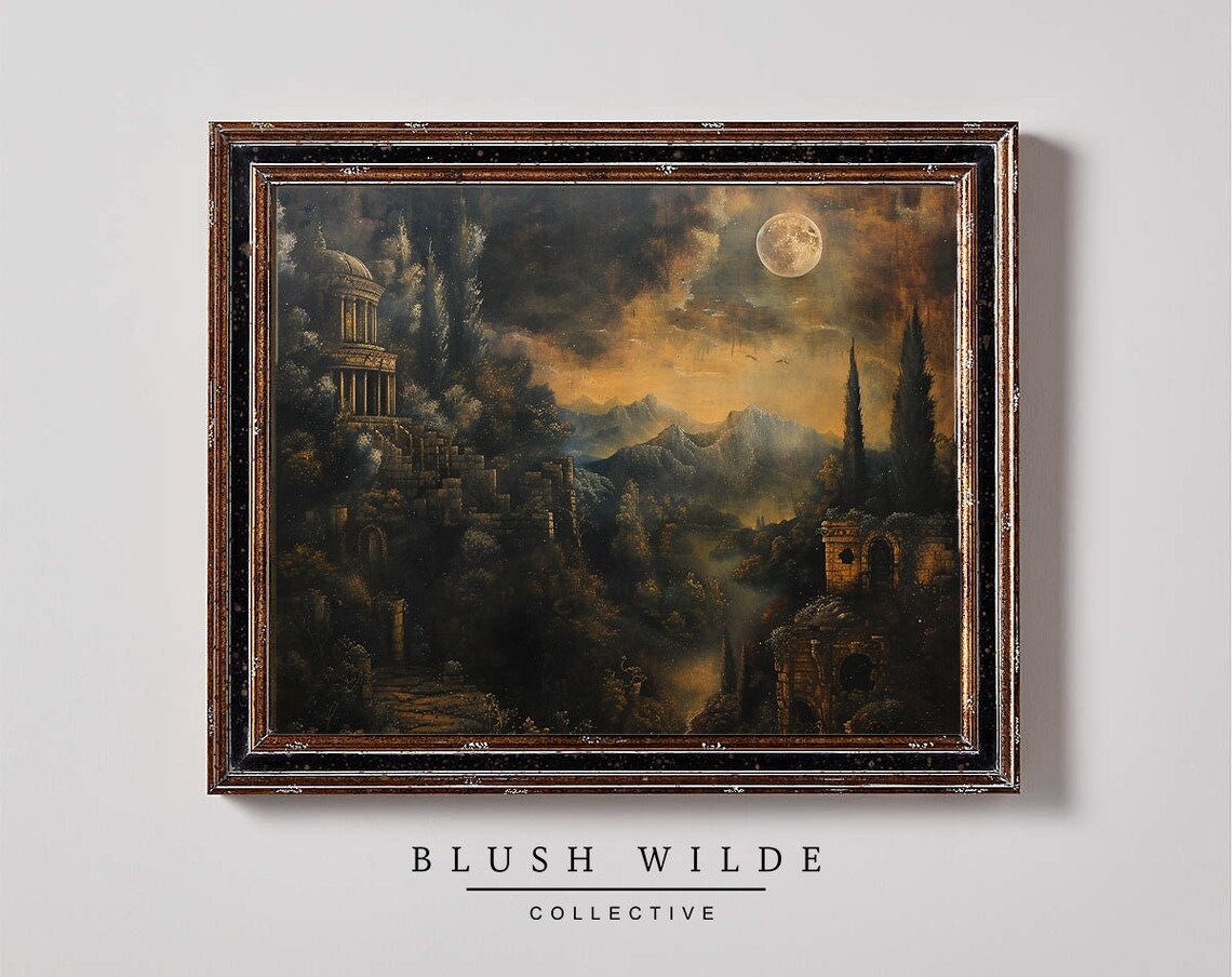 Moonlit Fantasy Landscape Ruins Oil Painting Moody Wall Poster