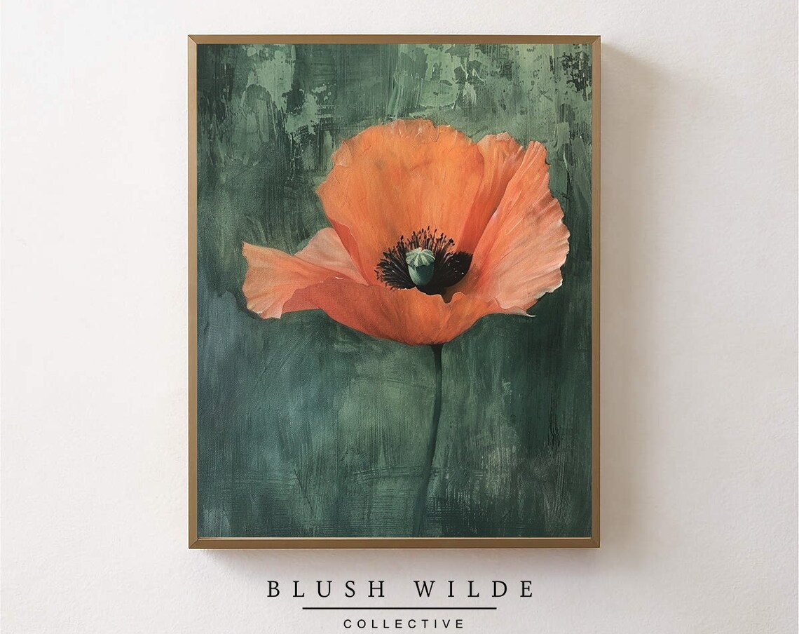Orange Poppy Bloom Oil Painting Bold Green Background Floral Poster