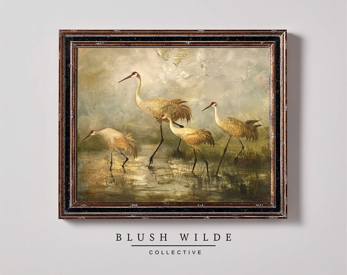 Sandhill Cranes Marsh Muted Vintage Wildlife Oil Painting Poster