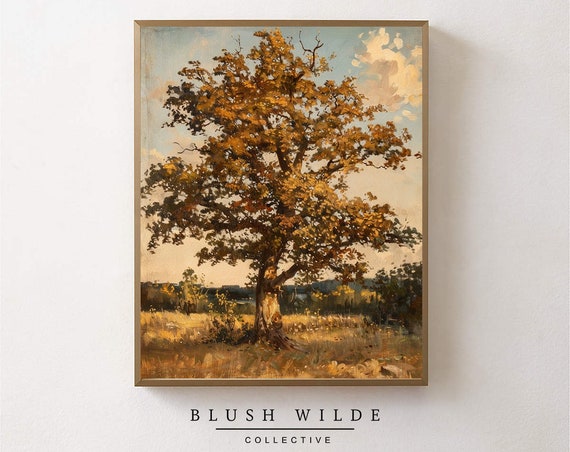 Vintage Fall Tree Oil Painting Print Rustic Autumn Decor