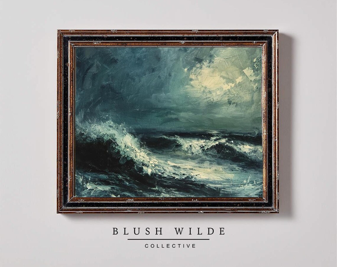 Vintage Stormy Seas Oil Painting Print, Moody Ocean