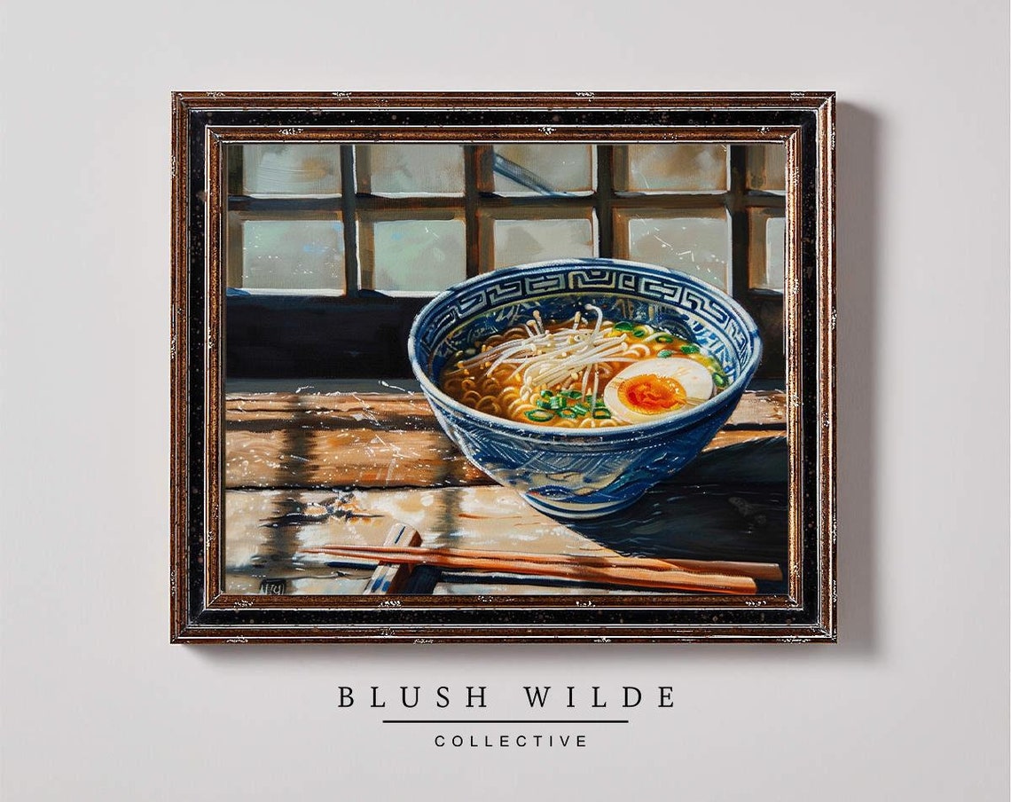 Ramen Bowl Still Life Oil Painting Blue Ceramic Kitchen Poster