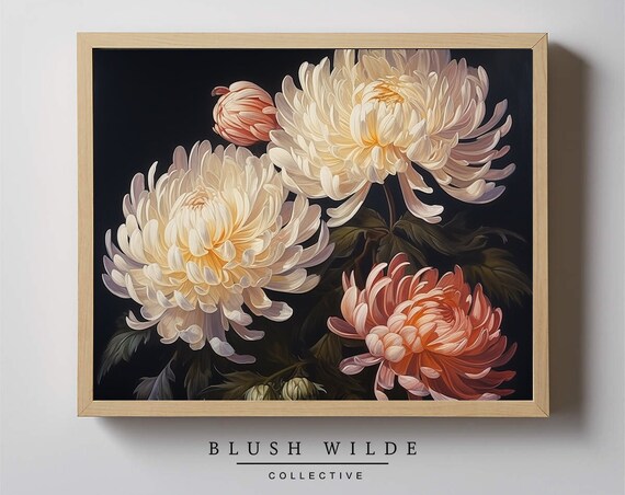White Chrysanthemum Moody Floral Oil Painting Botanical Poster