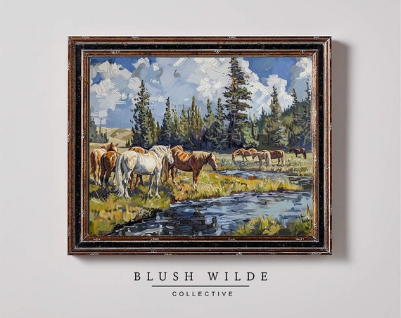 Wild Horses Landscape Oil Painting Vintage Forest Scene