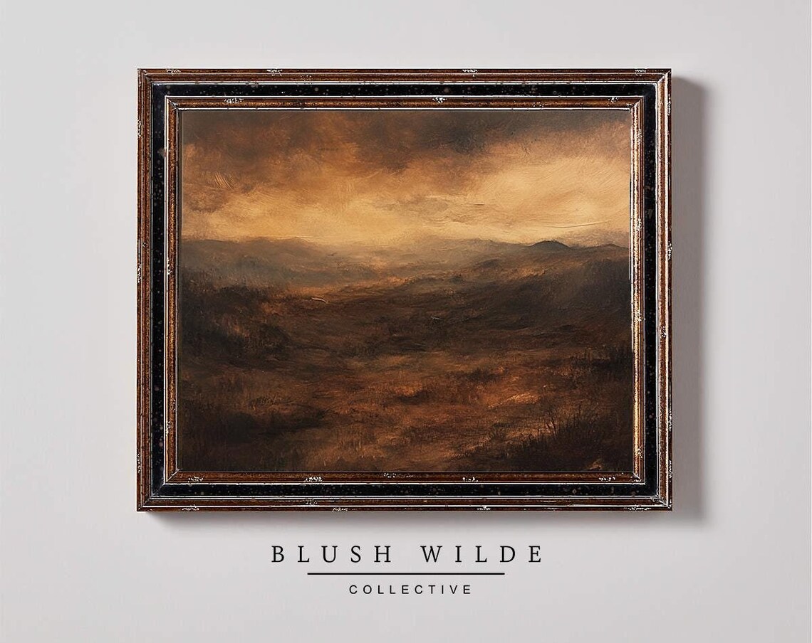 Moody Amber Dusk Landscape Dark Earthy Vintage Oil Painting Poster