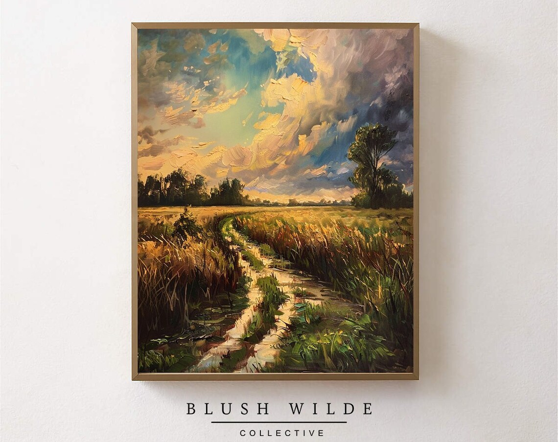 Vintage Golden Field Path Painting Sunset Clouds Wheat Farm Wall Poster