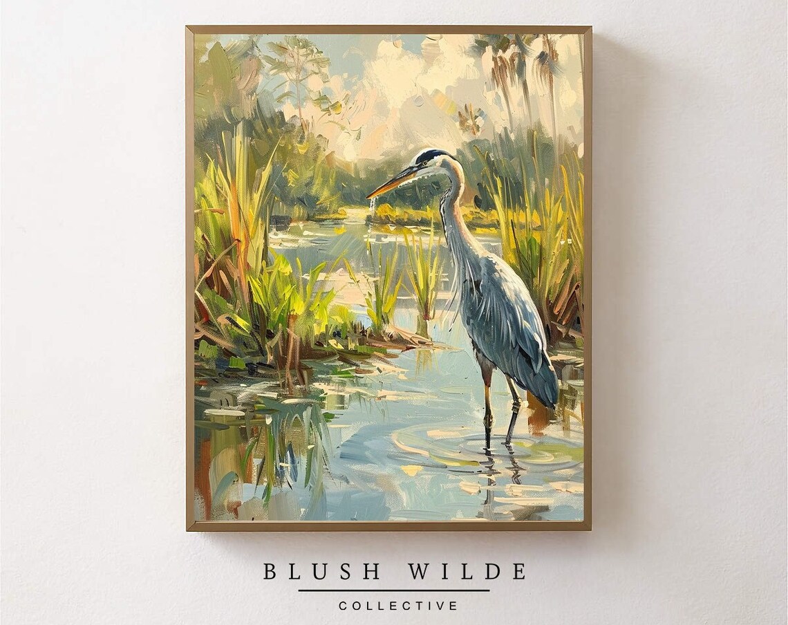 Vintage Heron Oil Painting Bird Art Print