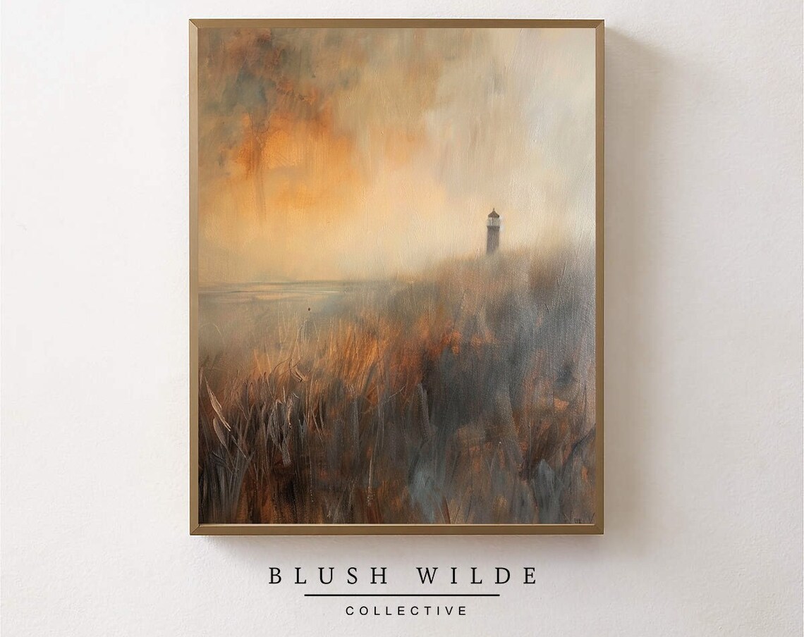 Distant Lighthouse In Autumn Mist Abstract Coastal Landscape Print