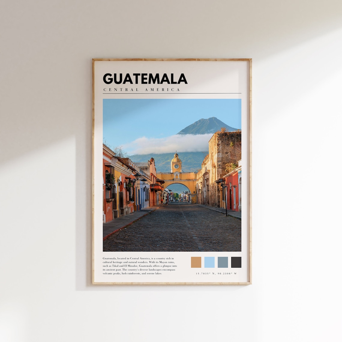 Guatemala Antigua Cobblestone Street Arch Volcano View Travel Poster