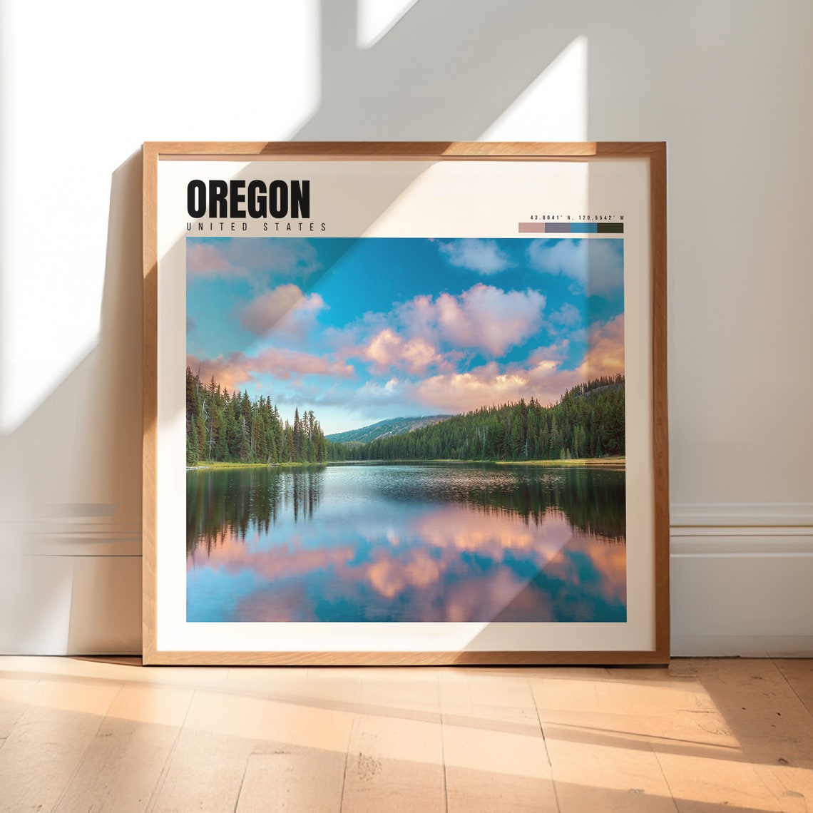 Oregon Poster with Mirror Lake Reflection and Pine Forest Sunset
