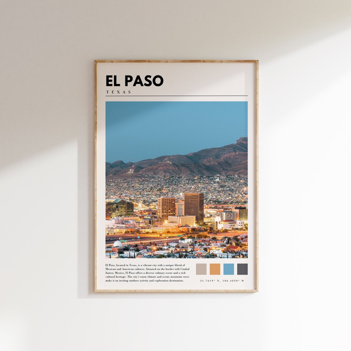 El Paso Texas City Lights Desert Mountain Night Skyline Travel Poster