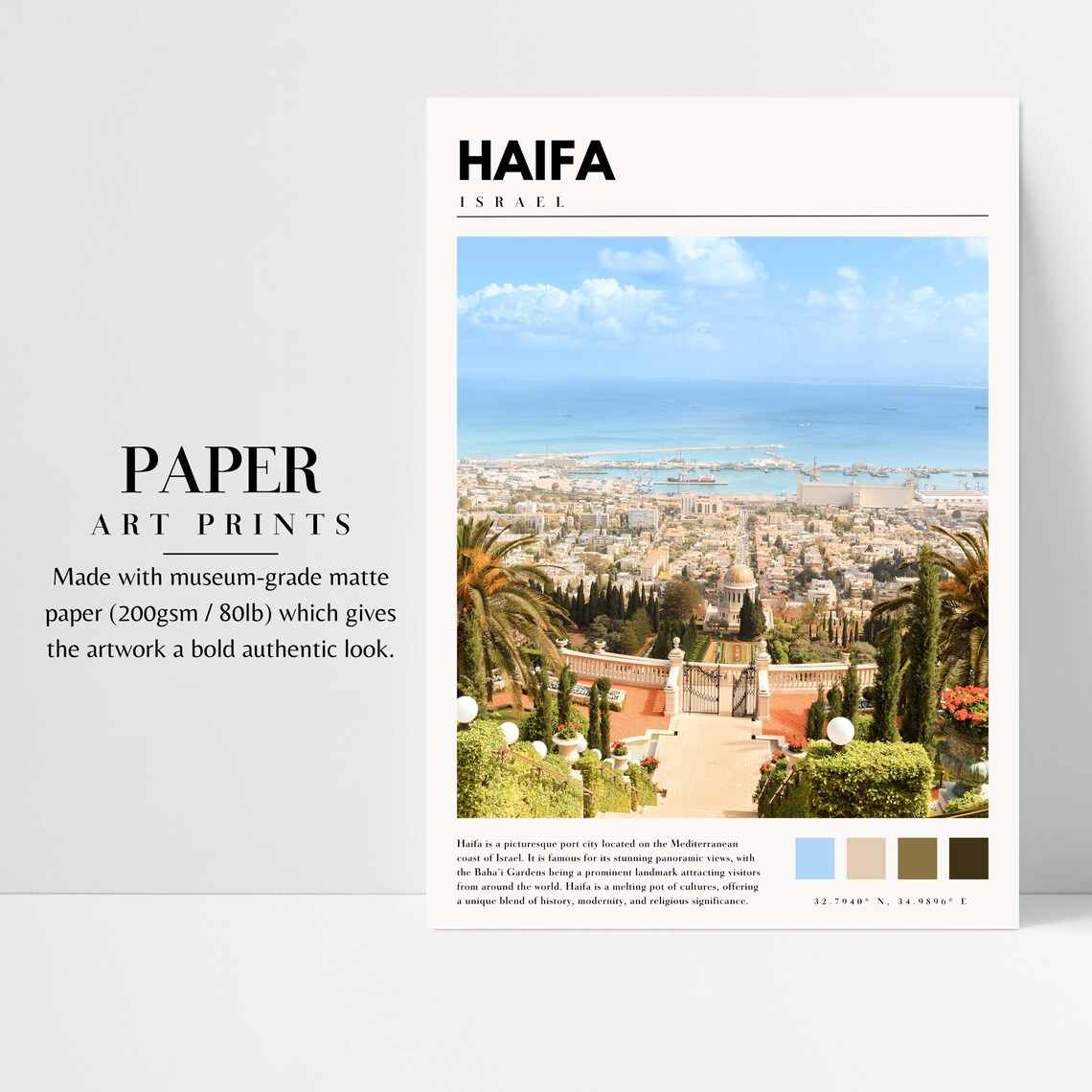 Haifa Israel Bahai Gardens Mediterranean Bay City View Travel Poster - Image 3