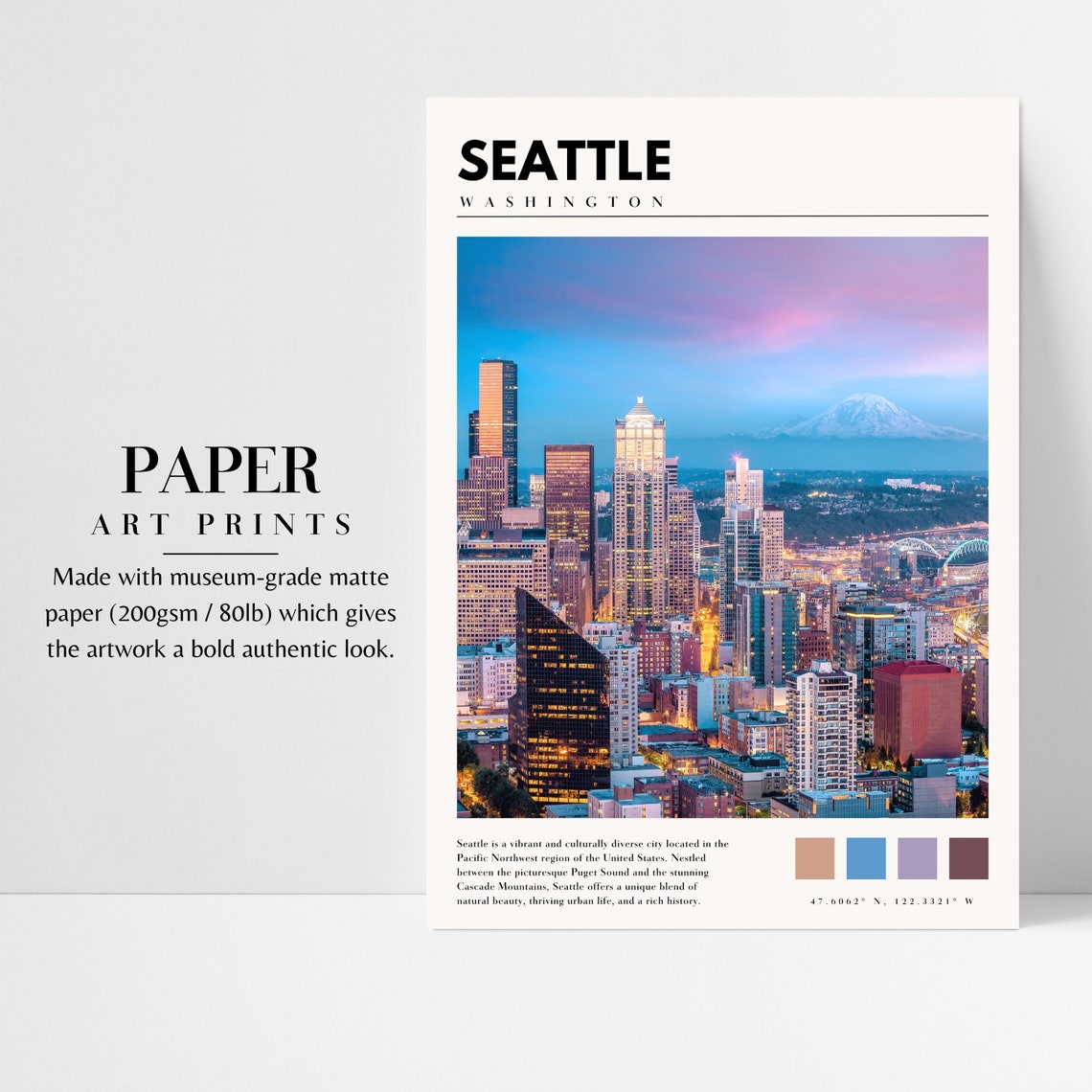 Seattle Twilight Poster with Downtown Skyline and Mount Rainier View - Image 3