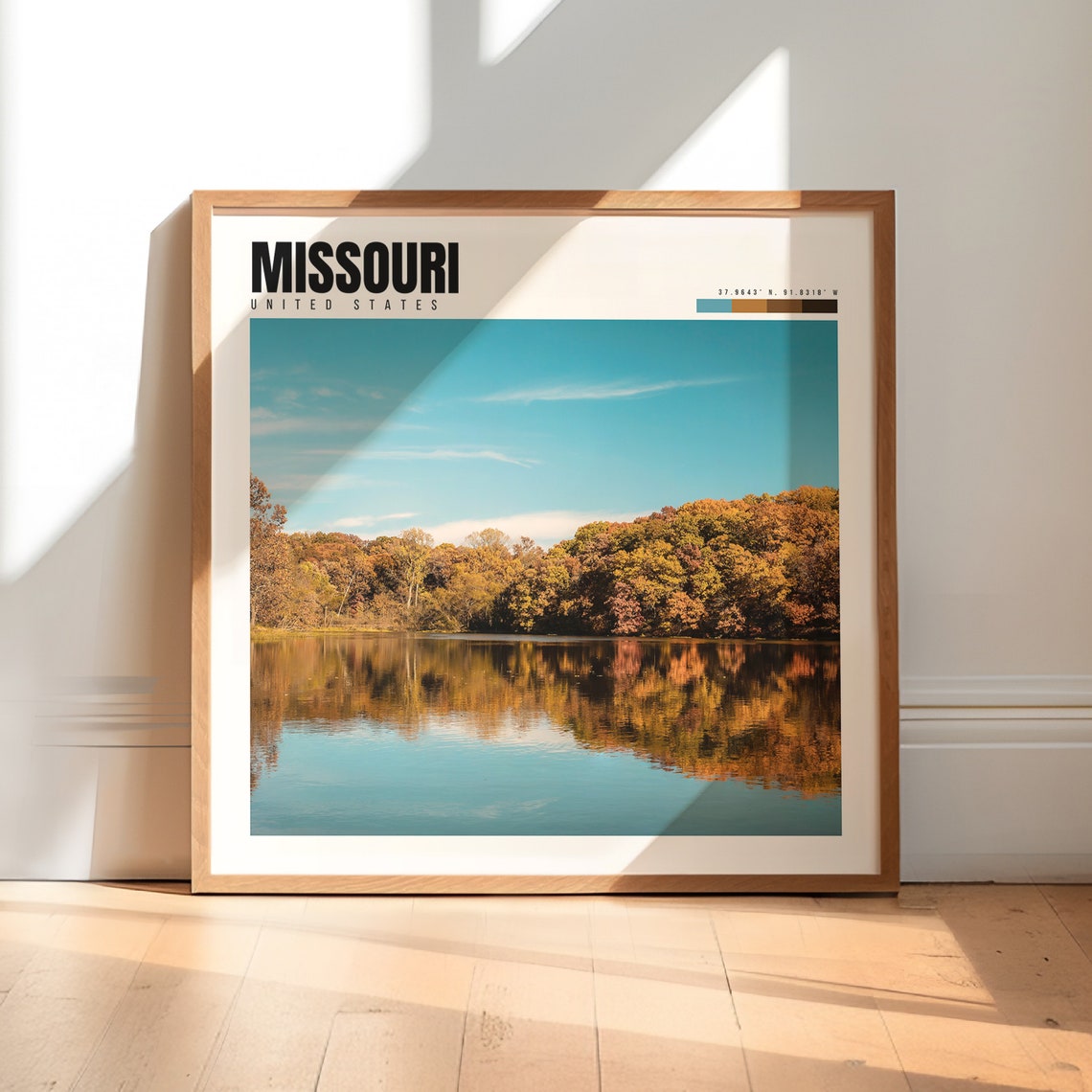 Missouri Poster with Autumn Lake Reflection and Golden Fall Trees
