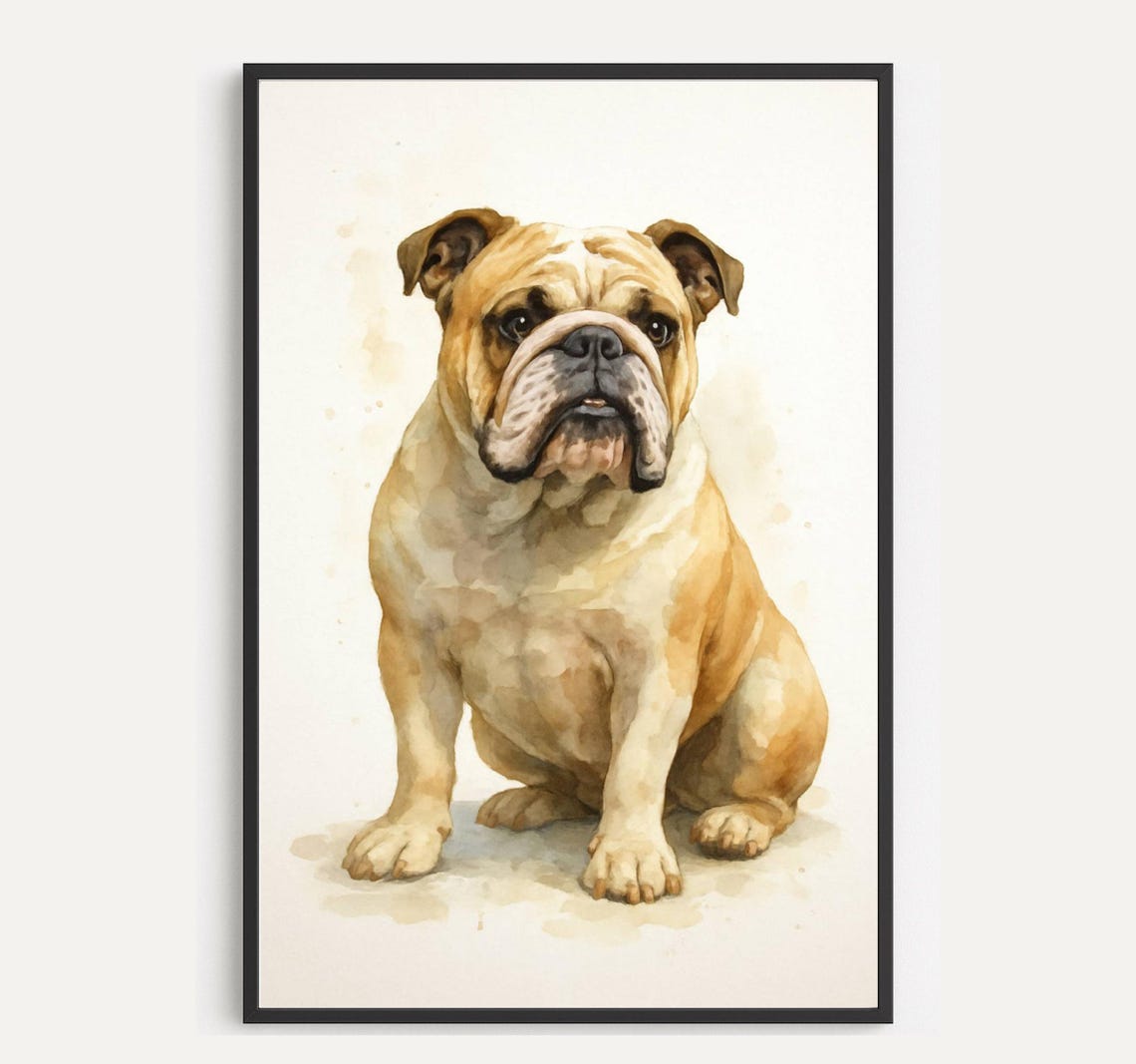 Old English Bulldog Watercolor Dog Portrait Wrinkly Cute Pet Poster