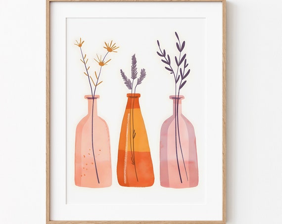 Art Illustration Of Simple Abstract Glass Bottles Vase Flowers Cute Botanical Wall Whimsical Minimalism Home Decor