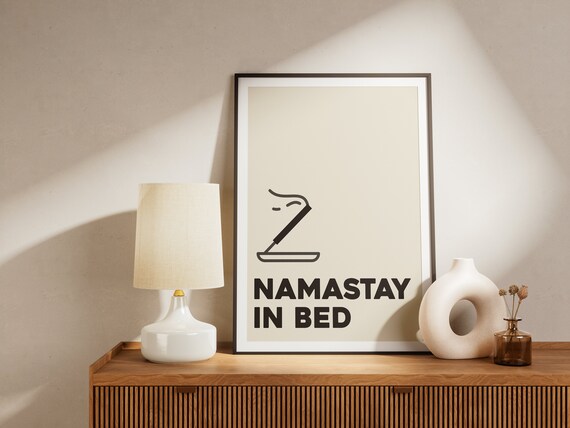 Namastay In Bed Funny Yoga Pun Poster Minimalist Cream Bedroom Decor