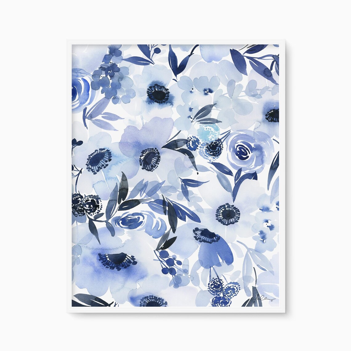 Indigo Floral Watercolor Navy Anemone Bouquet Botanical Wall Poster