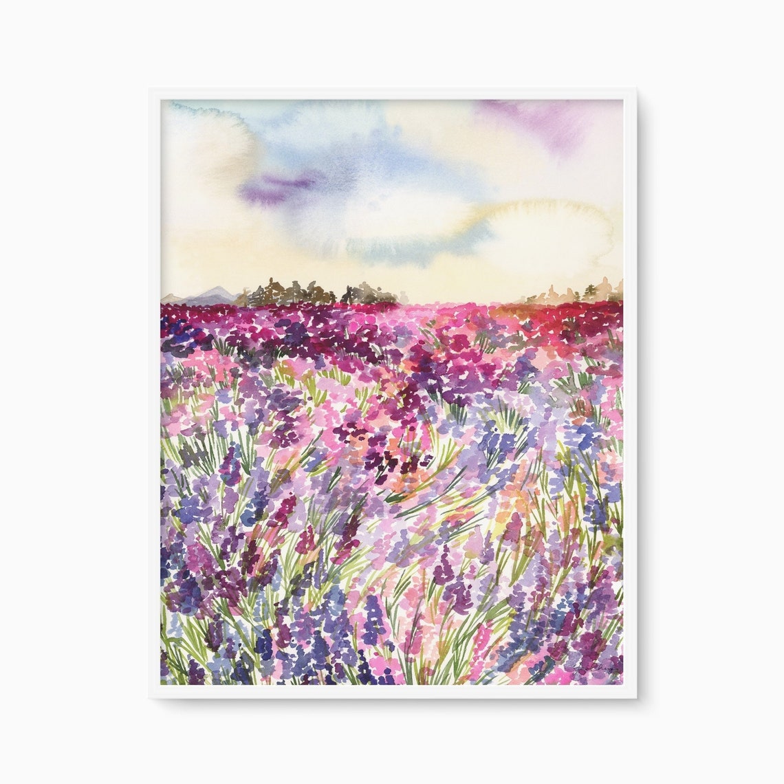 Lavender Field Watercolor Purple Hillside Blossom Art Poster