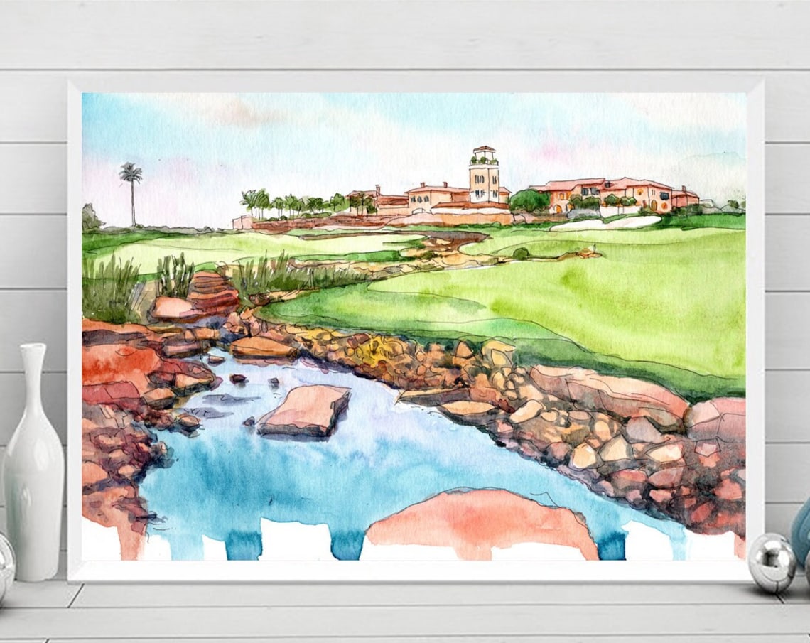 Jumeirah Golf Course Watercolor Painting Dubai Travel Poster