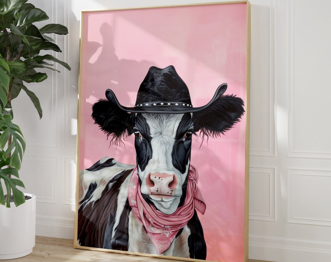 Cow Cowboy Hat Print, Vintage Western Art