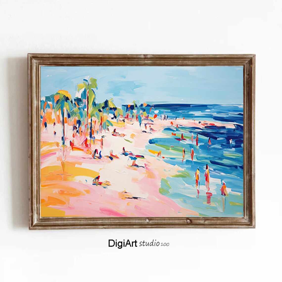 Colorful Beach Day Impressionist Palms Swimmers Tropical Art Poster