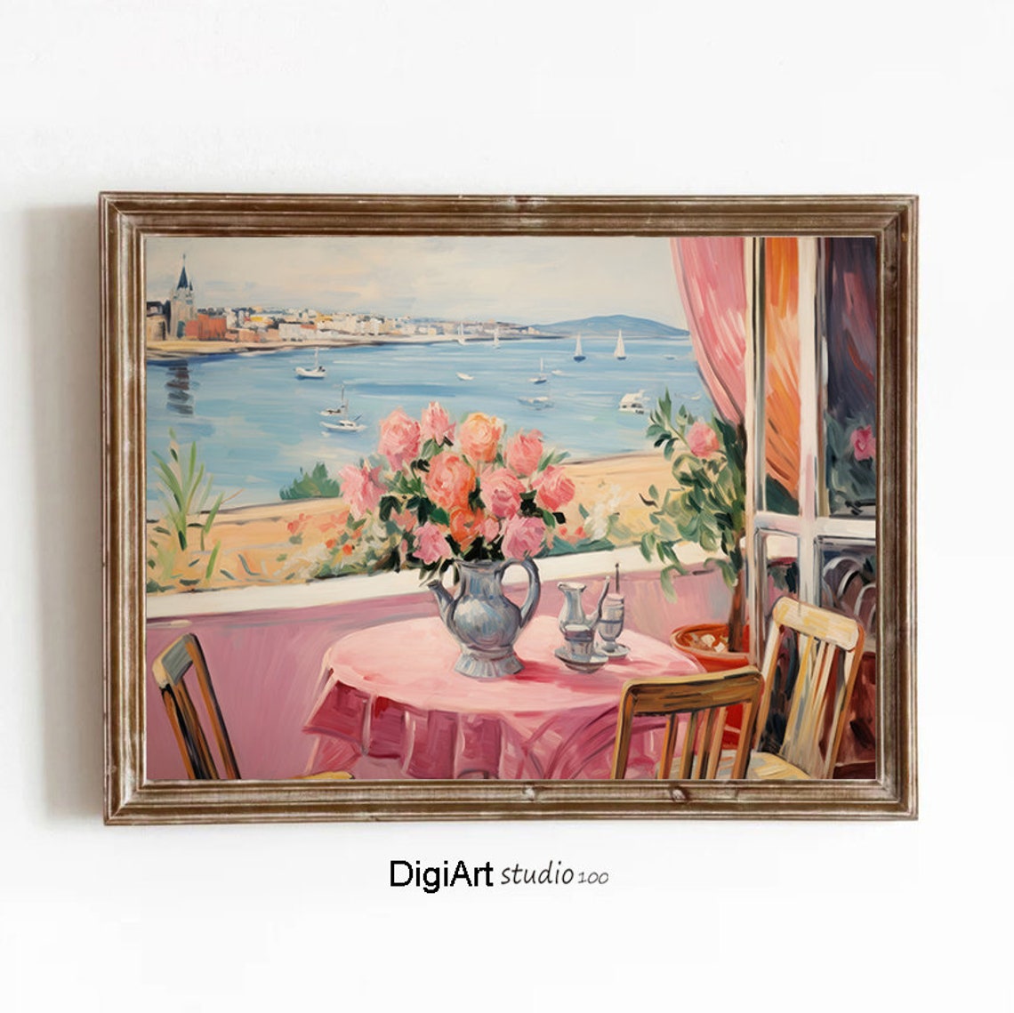 Mediterranean Harbor View Pink Roses Window Coastal Terrace Art Poster