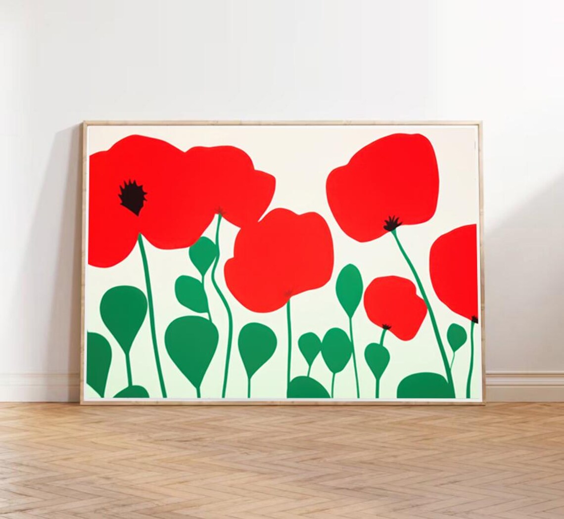 Bold Red Poppies Green Leaves Botanical Flower Art Decor Poster