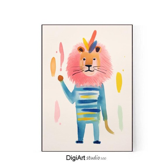 Happy Lion Pink Mane Striped Sweater Kids Illustration Poster