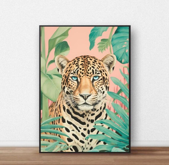 Leopard Face Tropical Leaves Peach Background Wildlife Poster