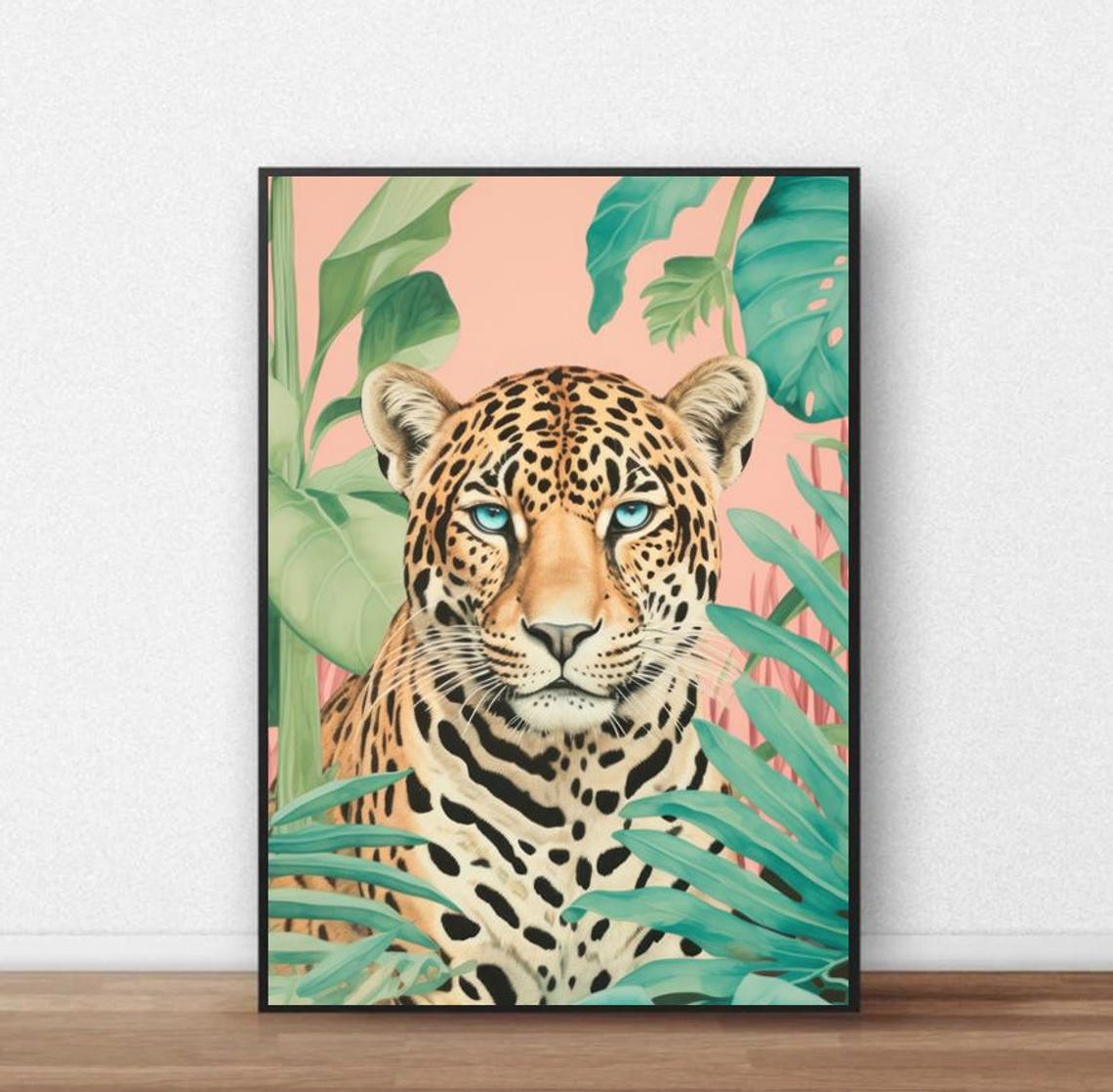 Leopard Face Tropical Leaves Peach Background Wildlife Poster