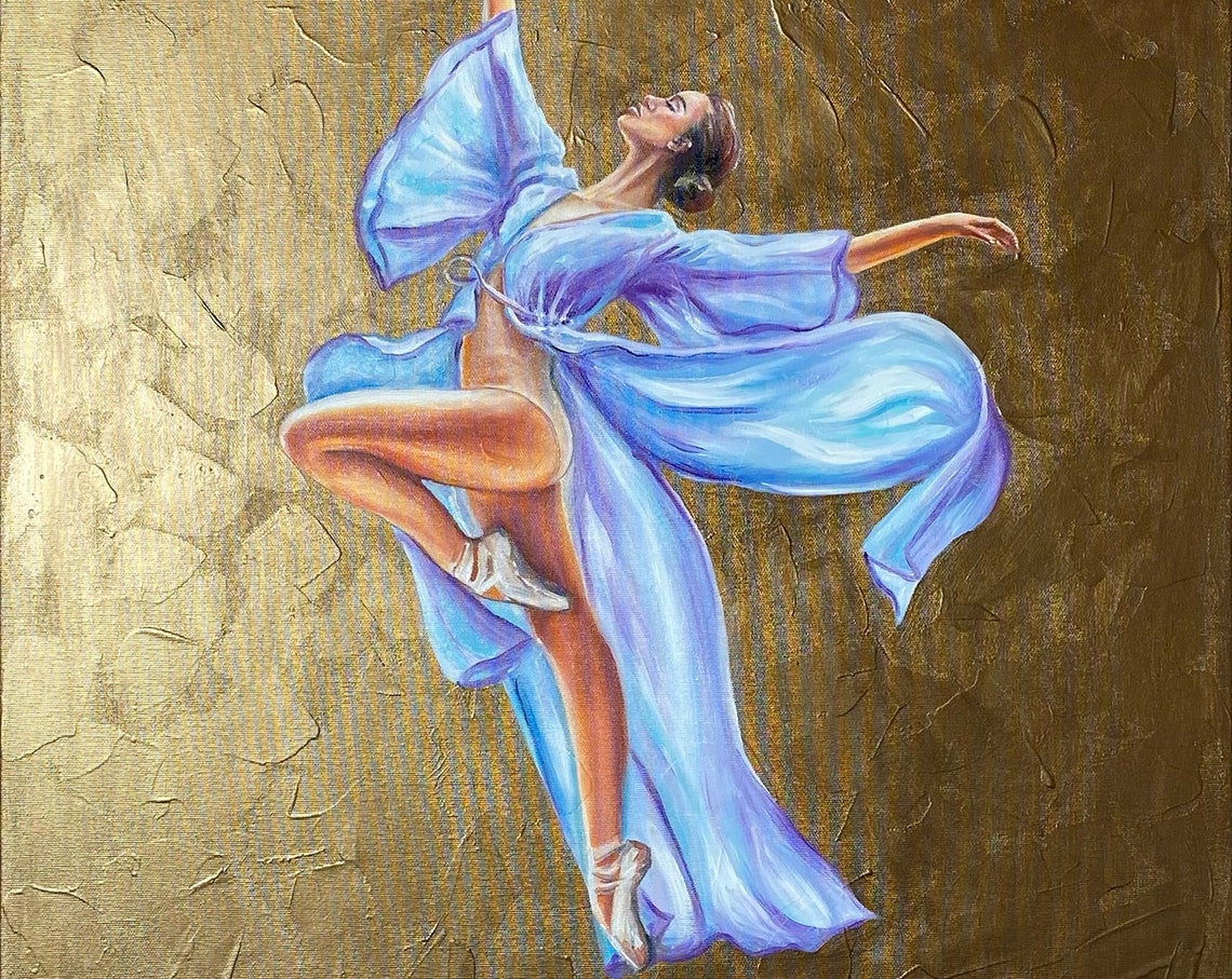 Dancing Ballerina Oil Painting Original Ballet Wall Decor For Girl Ballet Painting On Gold Ballerina Art The Dance Woman Painting