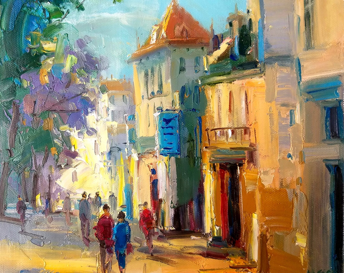 Sunny Old Town Street People Warm European Facades Scene Poster
