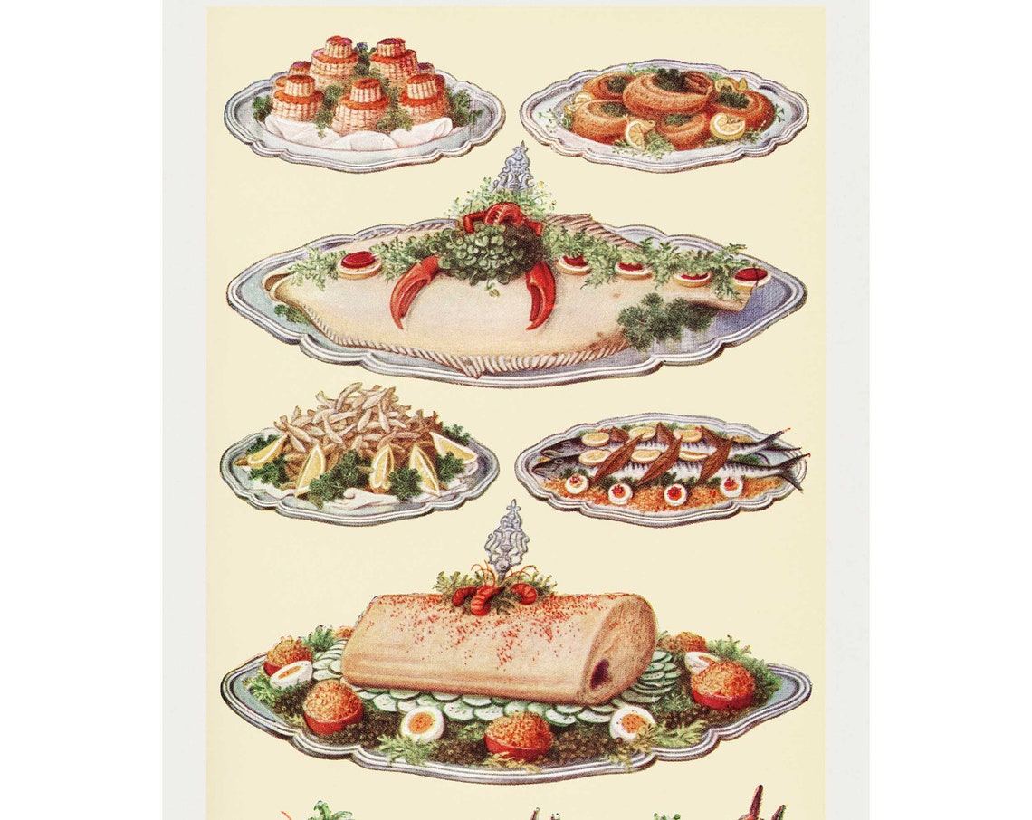 Garnished Fish Dishes Vintage Cookery Plate Antique Kitchen Poster