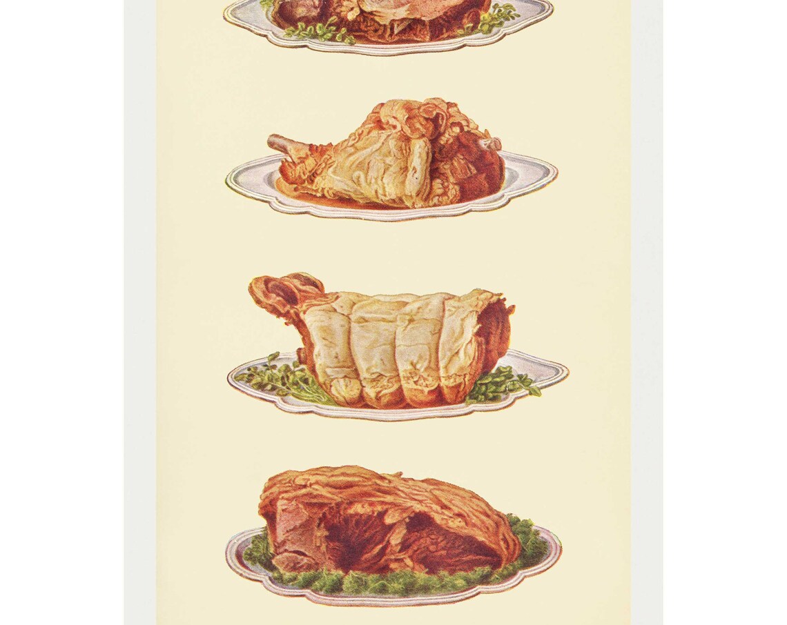 Meat Dishes Antique Lithograph, Vintage Cookery Book