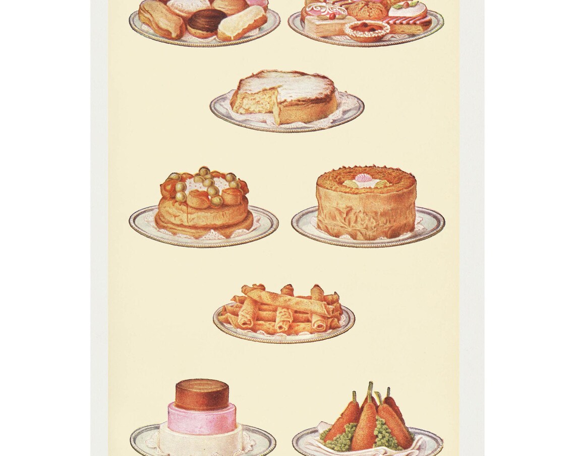 Sweets and Gateaux Antique Lithograph, Vintage Food Print