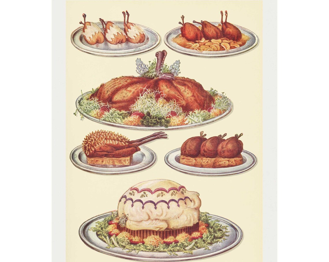 Game Dishes, Antique Lithograph Vintage Kitchen Art