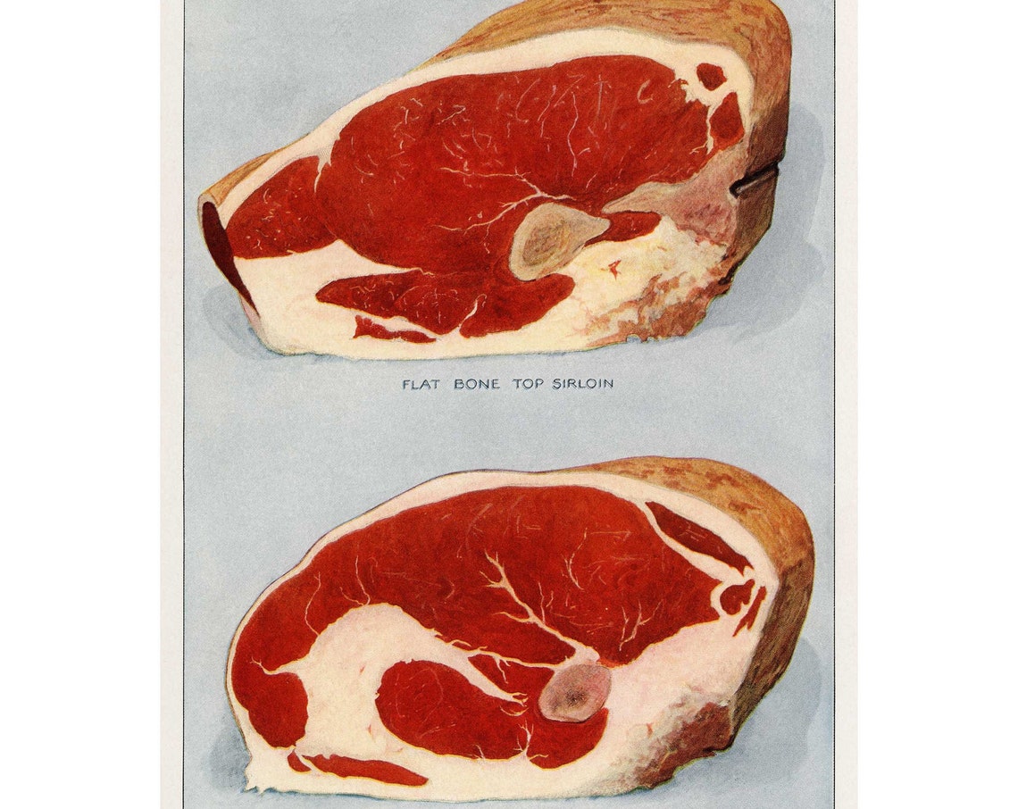 Flat Bone Top Sirloin Beef Cuts Vintage Butcher Chart Poster
