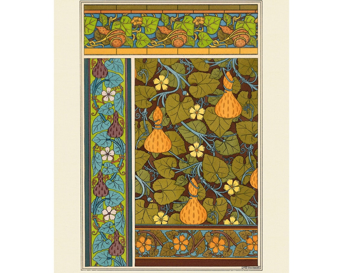 1896 Art Nouveau Pumpkin Gourds Vine Pattern Ornament Poster
