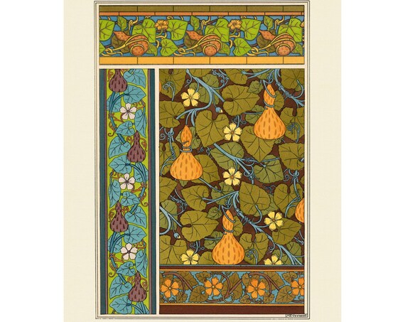 1896 Art Nouveau Pumpkin Gourds Vine Pattern Ornament Poster