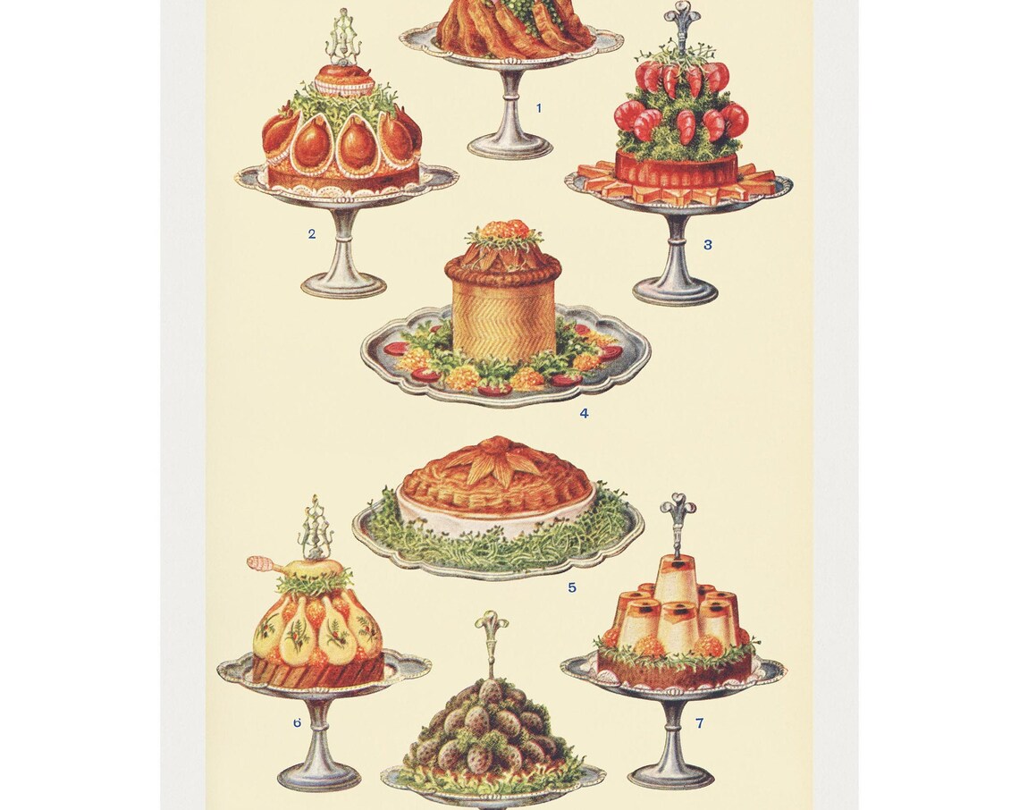Cold Collation Dishes, Antique Lithograph
