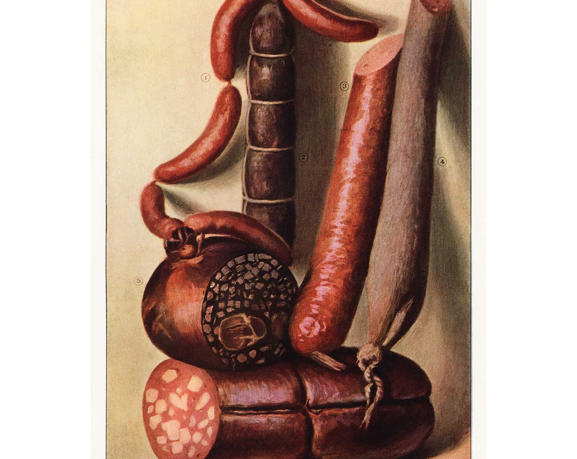 Sausages and Cured Meats Vintage Butcher Shop Kitchen Poster