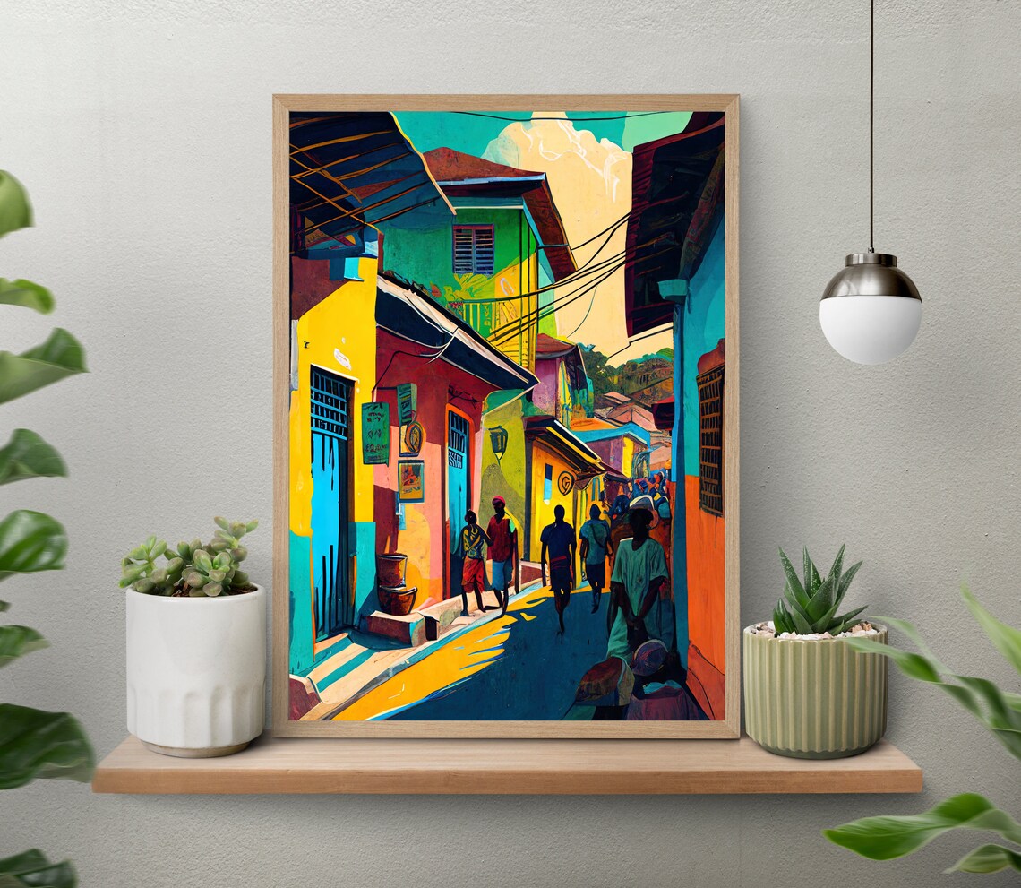 Colorful Haitian Village Street Scene Caribbean Tropical Art Poster - Image 4